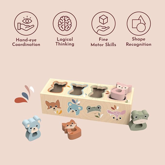 Wooden Animal Shape Box for Toddlers 12m+ Shape Sorter Toy | wooden animal shapes, shape sorter toys for toddlers, color recognition, cognitive play, fine motor skill, preschool learning