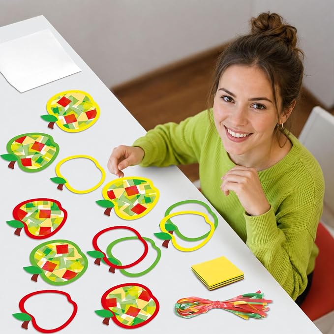 Qyeahkj 36 Set Fall Apple Suncatchers Crafts for Kids DIY Autumn Window Tissue Paper Craft Kit Hanging Decor for Back to School Home Activity Art Project Birthday Party Favor Gift