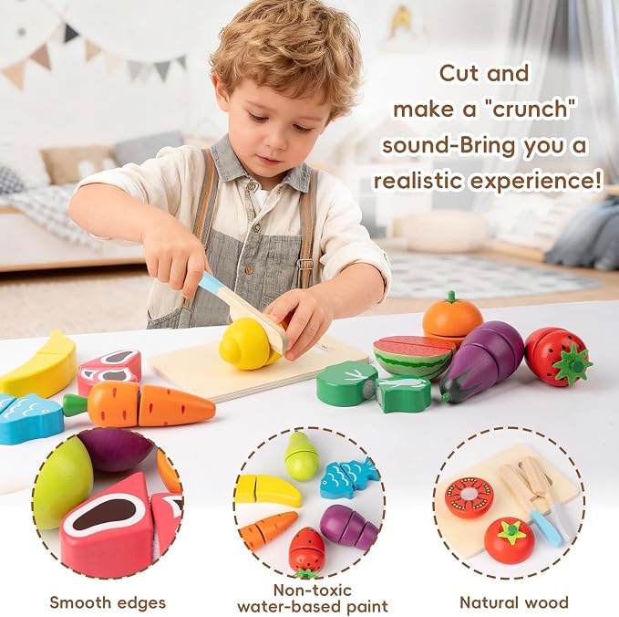 34Pcs Wooden Play Food for Toddlers - Toy Food with Velcro Fruit & Veggies | Play Food Sets for Kids Kitchen Accessories with Basket Chopping Board, Cutting Fruit Set for Ages 3+
