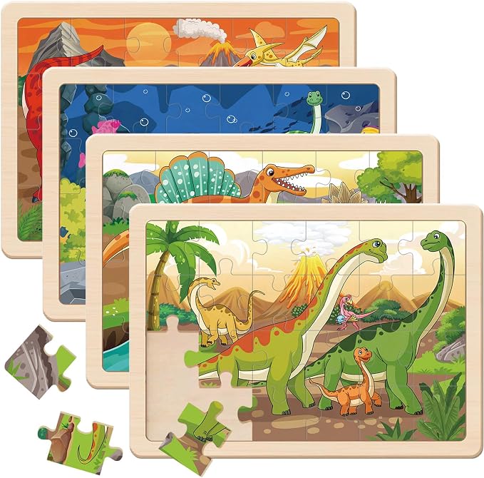 Puzzles for Kids Ages 4-6, 4 x 24 PCs Dinosaur Wooden Puzzles | Dinosaur Puzzles for Toddlers & Kids Ages 3-5, Preschool Educational Puzzles Toys, Birthday Gifts Set for Boys & Girls