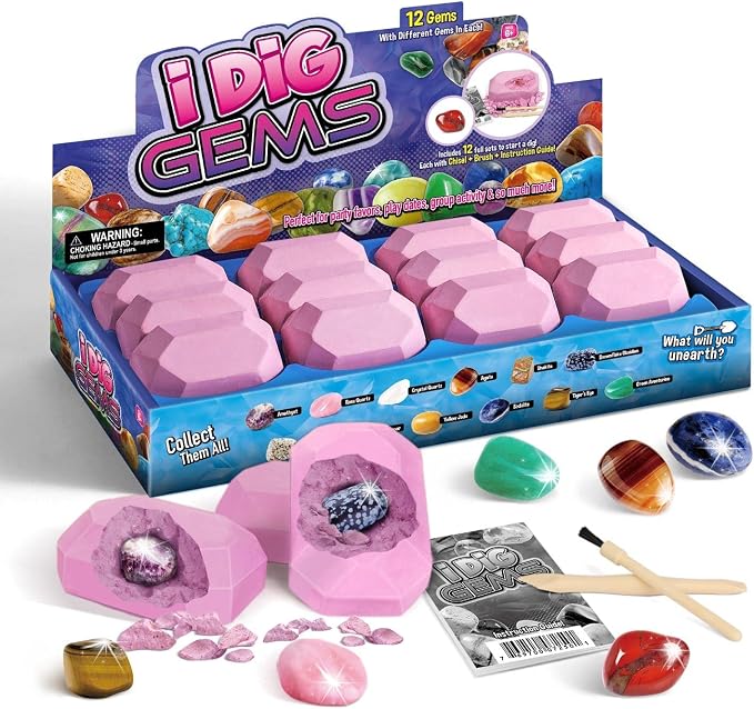 Gamerside Gem Dig Kit, 12 Real Gem Stone Crystals & Rocks, STEM Toys 6+ | Excavate Gemstones & Minerals, Complete Rock Digging Kit, Learning Guide Included, Great Birthday Gift for Young Scientists