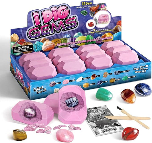 Gamerside Gem Dig Kit, 12 Real Gem Stone Crystals & Rocks, STEM Toys 6+ | Excavate Gemstones & Minerals, Complete Rock Digging Kit, Learning Guide Included, Great Birthday Gift for Young Scientists