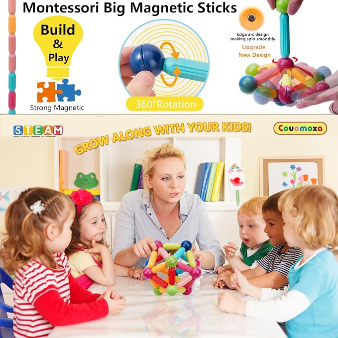 COUOMOXA Magnetic Building Blocks STEM for Kids: Educational Magnetic Set for 6-9+Years Old for Boys Girls - Construction Toys for Early Development Learning for Kids