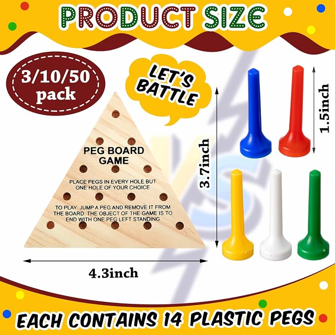 Zhanmai 10 Sets Wooden Triangle Peg Travel Game, Multi-Color Peg