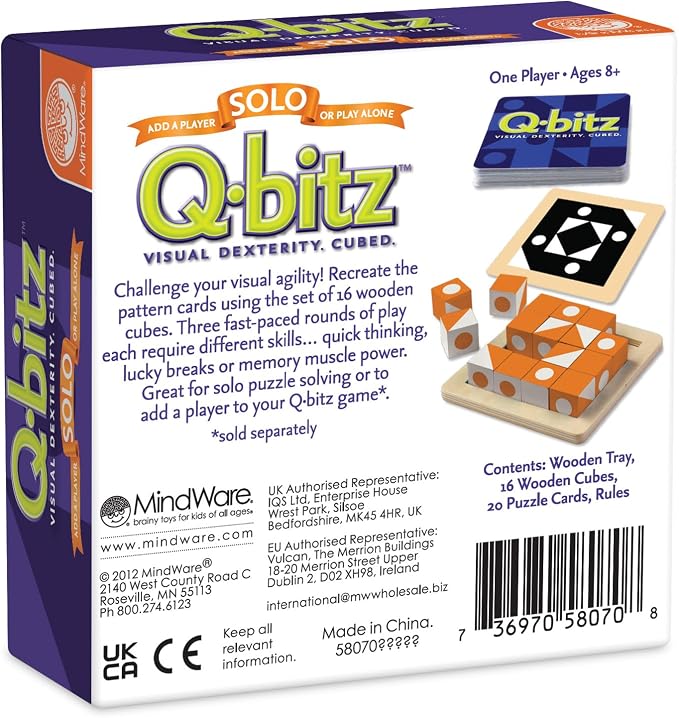 MindWare Q-bitz Solo Visual Puzzle Game | Logic challenges that level up as you solve. Includes 20 new Q-bitz cards and 16 challenge cubes. Ages 8+.