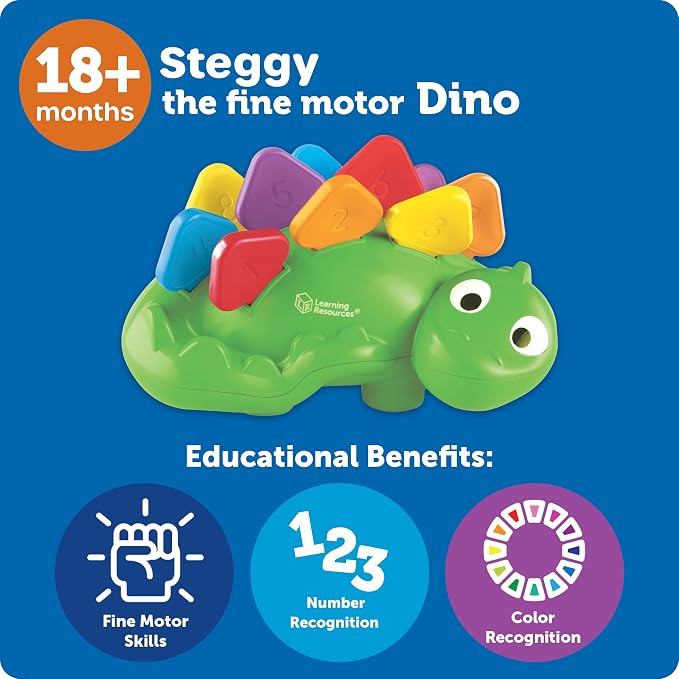 Learning Resources Steggy the Fine Motor Dino - 11 Pieces, Ages 18+ months Toddler Learning Toys, Fine Motor and Sensory Toy, Toddler Montessori Toys, Dino Toys, Preschool Toys