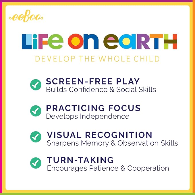 eeBoo Life on Earth Memory & Matching Game, Ages 3+, 1-4 Players | Introduces global flora & fauna. Sharpens recognition, concentration & memory skills. Includes 48 tiles, 24 pairs