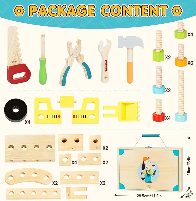Lehoo Castle Kids Tool Set, Wooden Montessori Toys for 3 4 5 Years Old Boy | Portable Tool Box for Pretend Play, Construction Learning Play Tools 49PCS, STEM Toys for Preschooler