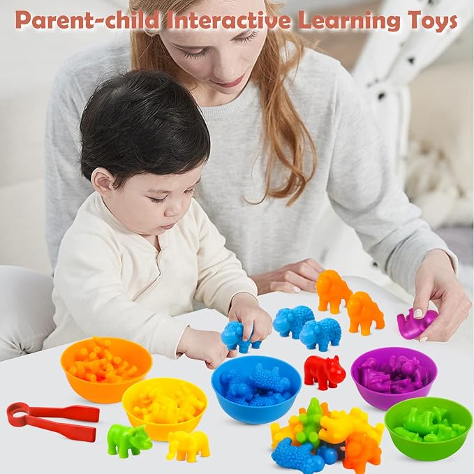 GKDOMS Counting Animals Toy Matching Game with Sorting Bowls Preschool Learning Activities Montessori Sensory Toy for Math Color Sorting, Party Favors Birthday Gifts for Toddlers