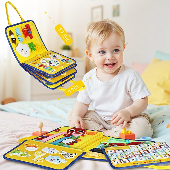 Esjay Busy Board Montessori Toys for Boys Girls, Sensory Book Educational Activities for Learning Fine Motor Skills, Birthday Gifts, Travel Toys for Airplane Car,Yellow Multipages