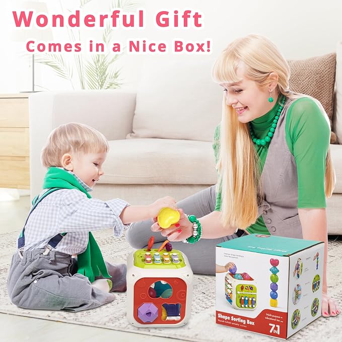 Montessori Activity Cube Learning Toy for Toddlers | 7-in-1 Shape Sorter for Baby Developmental, Birthday Gifts for 1-3 Years