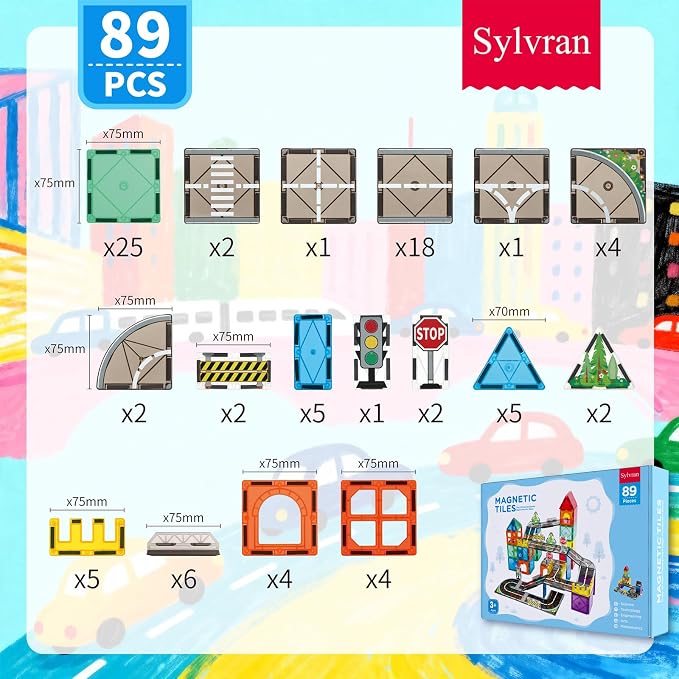 Magnetic Tiles Road Set, 89 PCS Magnetic Building Blocks with Roads | Bridges & Ramps, STEM City Building Toys for Kids Ages 3-8, Educational Construction Magnet Toys, Gifts for Boys Girls