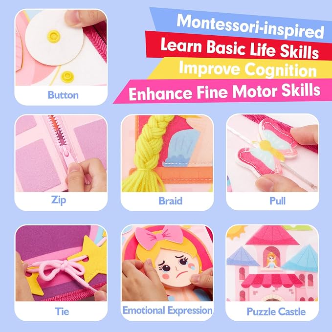 hahaland Princess Busy Book Toddlers 3-5, Dress up Pretend Play Makeup Toys | 3 Year Old Girl Gifts, Toddler Airplane Car Seat Travel Toy Quiet Felt Activity Busy Board for Girls