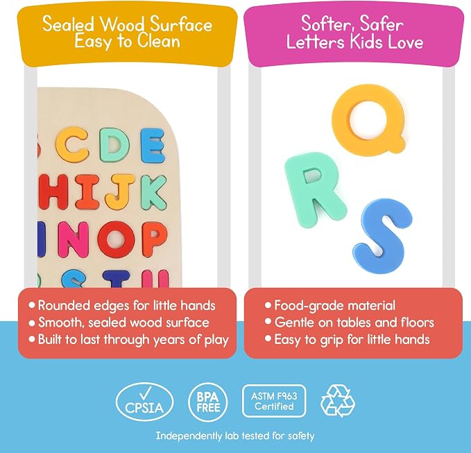 Uppercase Alphabet Puzzle for Kids, Sensory Bin Insert for Sensory Tables, Silicone Letters, Wooden Fine Motor Learning Toy by 7 Days of Play