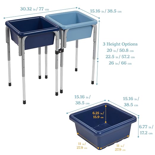 ECR4Kids 2-Station Sand and Water Adjustable Play Table, Sensory Bins, Navy/Powder Blue | Durable plastic/steel, GREENGUARD Gold Certified, 3-5 years, 80 lb capacity, adjustable legs, easy-lift lids, indoor/outdoor