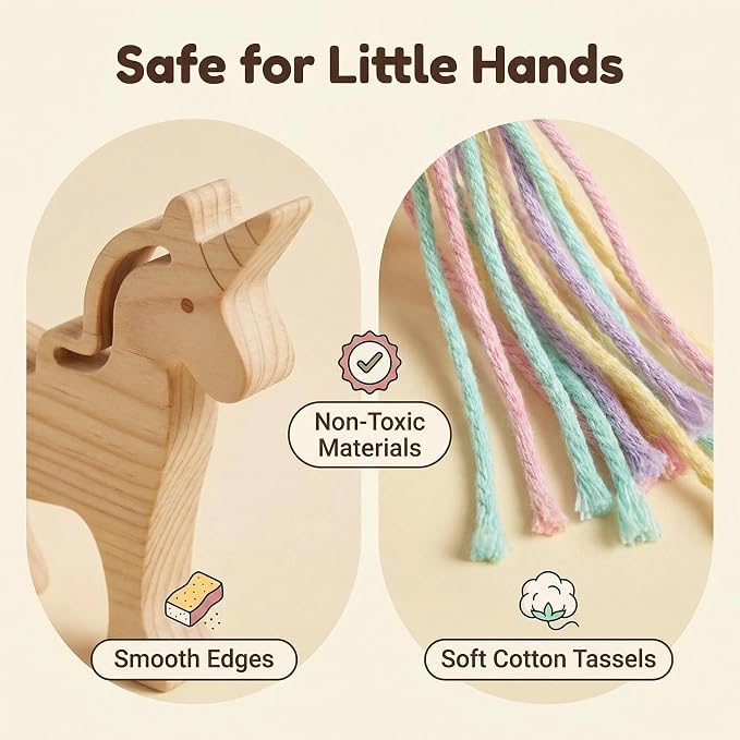 Eray Montessori Wooden Unicorn Lacing Toy for Kids – Safe Non-Toxic DIY Threading Activity with Colorful Cotton Yarn, Fine Motor Skills & Creative Play for Toddlers and Preschoolers
