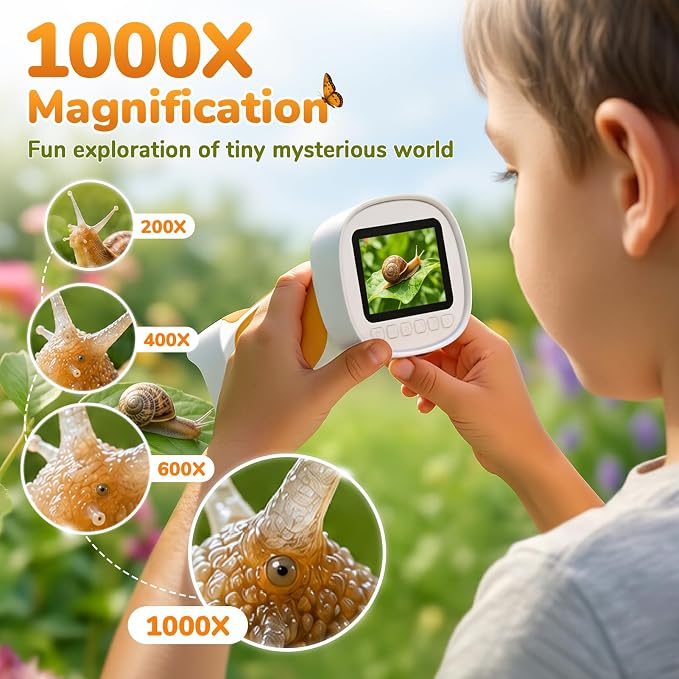 1000X Handheld Digital Microscope for Kids with 2.4" IPS Screen (Orange) | Portable Educational STEM Microscope Toy with Photo/Video, 8 LEDs, Manual Focus, Rechargeable for Ages 4-12 Boys & Girls