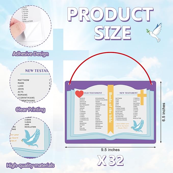 PLUVAVA 32 Set Books of The Bible Craft Kit Sunday School Crafts DIY Christian Bible Sticker Hanging Ornament for School Home Classroom Religious VBS Church Activities