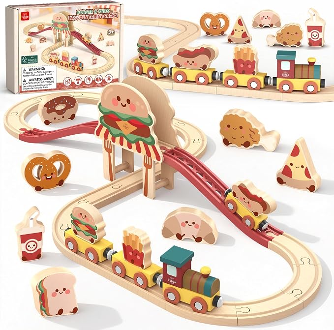 Lehoo Castle Wooden Train Set for Toddlers, Burger-Themed Train Track Set | Expandable Wooden Railway Playset, Compatible with Most Wooden Tracks, Birthday Gift for Boys & Girls Ages 3+