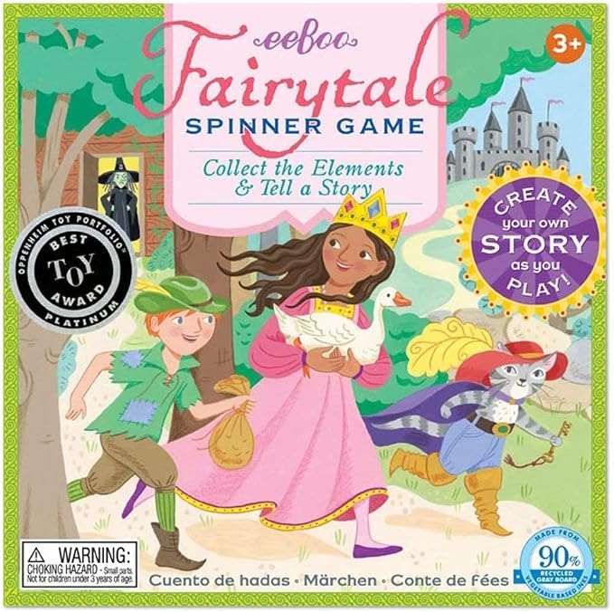 eeBoo Fairytale Spinner Game, Story Building Game, Ages 5+, 2-4 Players | Introduces storytelling & creative thinking. Includes spinner & thematic pieces to create your own story. 15 minute game play