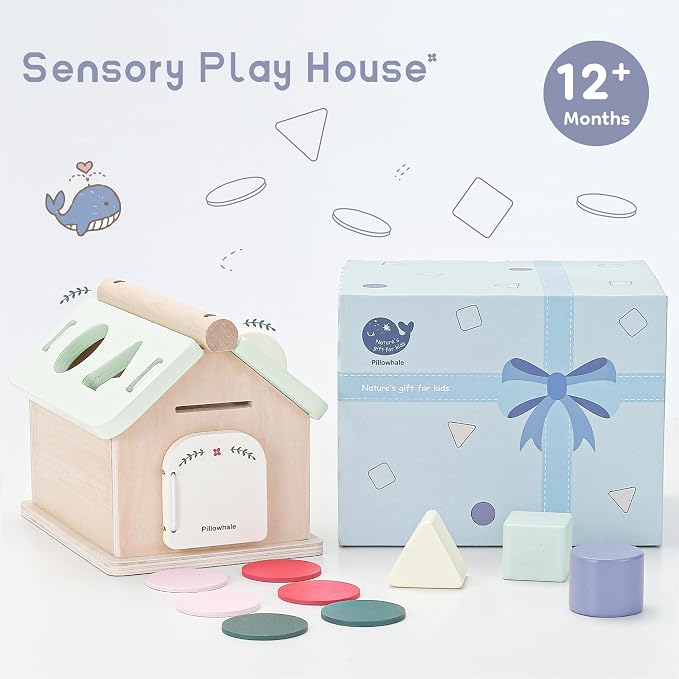 Pillowhale Montessori Activity Cube for Toddlers 12 Months+, Wooden 5-in-1 Learning Toy with Object Permanence Box, Shape Sorting & Stacking, Fine Motor Skills Toy for Baby Boys Girls