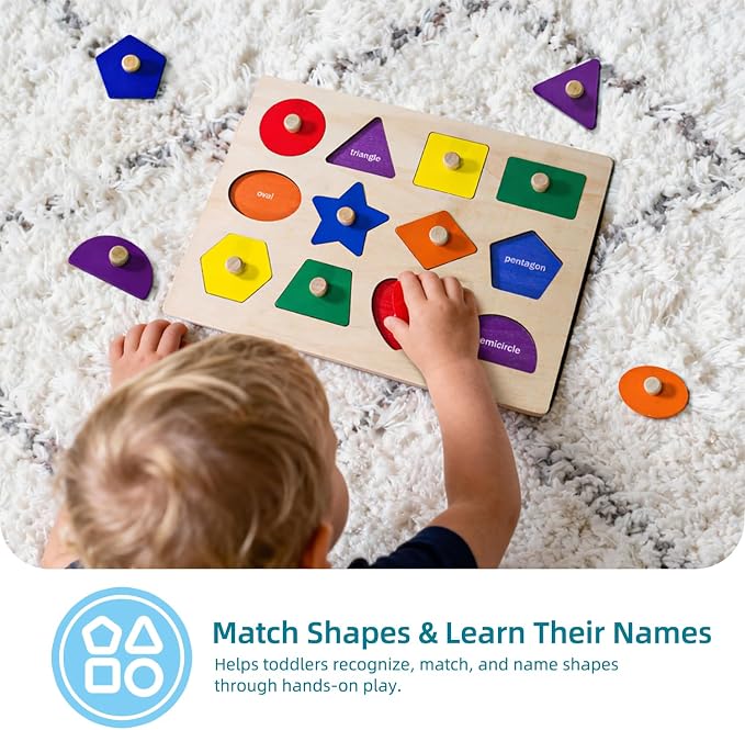 Wooden Shape Peg Puzzle Board, Educational Geometric Learning Board with Knobs, Multicolor Basic Shapes