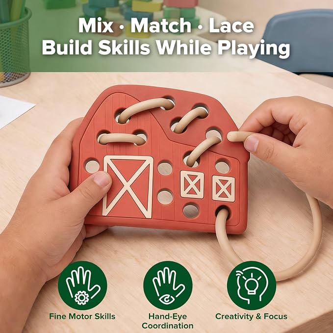 haakaa Alfie Alpaca Silicone Lacing Toy for Toddlers Ages 2+ | BPA-Free Silicone Threading Toy, Fine Motor Skills Play, Quiet Travel Activity with Alpaca, Barn & 4 Laces