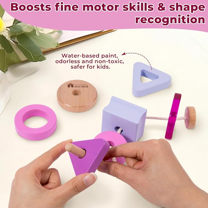 Adena Montessori Wooden Stringing Beads Set, Purple, 1-3y | Safe wood, 25+ beads with string. Lacing builds fine motor, hand-eye & patience. Montessori learning. Gift 1-3y.