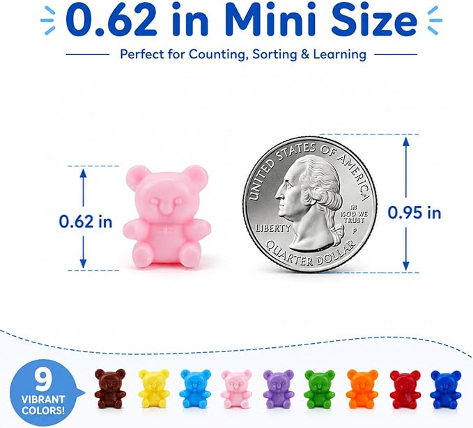 XINHUIDALSQ 180 Pcs Counting Bears, 0.62'' 9 Colors Rainbow Counting Mini Bears, Plastic Sorting Bear Counters Math Manipulatives for Ages 3+ Kids, Back to School Supplies