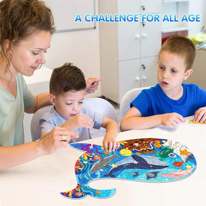 Jigsaw Puzzles for Kids Ages 4-8, 108 Pcs Whale Shaped Cardboard Puzzles | Sturdy Floor Puzzles Box and Poster for Animal Lovers, Educational Toys Gift for Boys Girls, 23.38 x 14.72 Inch