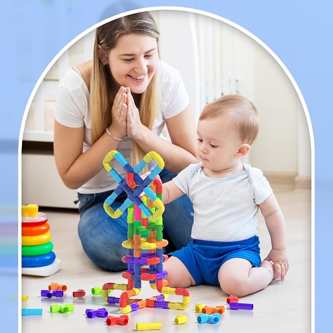 Ggiibro STEM Building Toy for Toddlers 200Pieces Tube Pipe Toy,Educational Preschool Game for 3+ Years,Learning Building Blocks Play with Storage Box Gift Kit,Montessori Toys for Boys & Girls