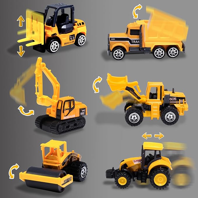 Oriate Diecast Small Toy Construction Vehicles, 6PCS Construction Toys Set | Bulldozers Forklift Excavator Alloy Construction Trucks, mini Toy Cars Model for Kids 3-5, Boys Girls Birthday Christmas Gift