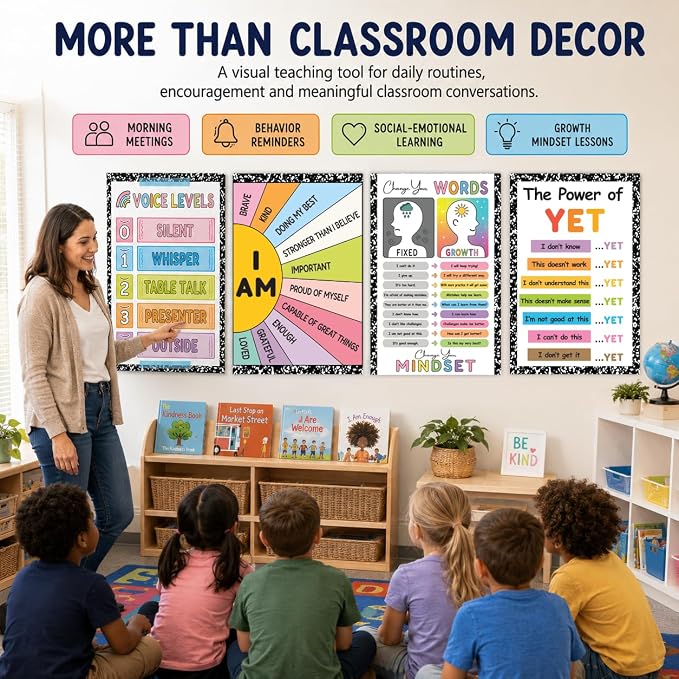 Growth Mindset Posters for Classroom, Set of 4 Large 11x17 Growth Mindset Classroom Decor, Voice Levels Poster, Change Your Words, Power of Yet & Positive Affirmation Mindset Poster