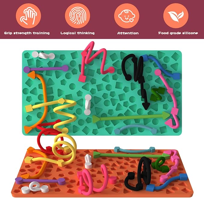 2PCS Sensory Activity Board, Silicone Fidget Toys for Calming and Stress | Autism Quiet for Adults, Toddler Sensory Toys for ADHD, Road Trip Essentials for Kids, Portable Travel Bag & 24 Strings