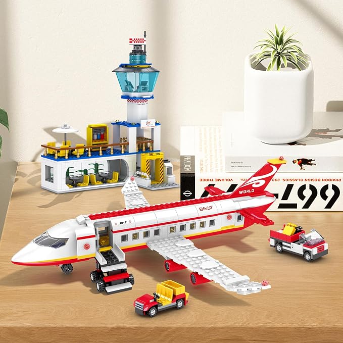886 Pcs City Passenger Airplane Building Set | STEM 6 in 1 Airport Passenger Plane Building Block Toy with Terminal, Shuttle Bus,Luggage Cart, for Boys Girls Ages 6-12+