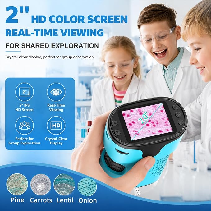 Kids Digital Handheld Microscope with Screen: Science Toy Gifts, Ages 4-12 | SD Card, Slides Kit, EVA Case, 1000X 4K Pocket Miniscope, Rechargeable Portable Discovery Kit for Boys and Girls, In/Outdoor