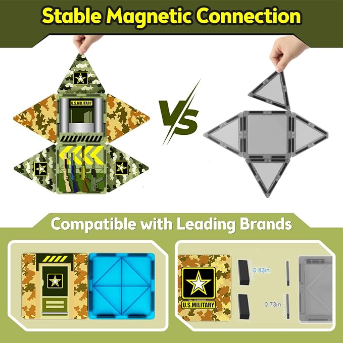 GobiDex 100PCS Army Magnetic Building Blocks Set for Kids Ages 3+ | Military Magnetic Building Blocks with 6 Magnet Army Men, STEM Construction Toys Gifts for Boys Girls 3 4 5 6 7 8 9+ Year Old