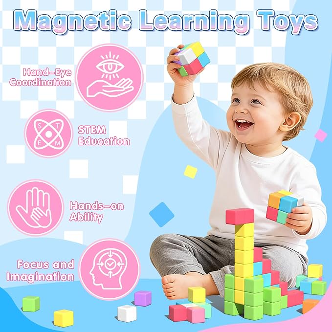 Apluses Magnetic Blocks Building Toys for 3+ Year Old Boys Girls | 1 inch, Gifts, PP Plastic, Candy colors, 81pcs