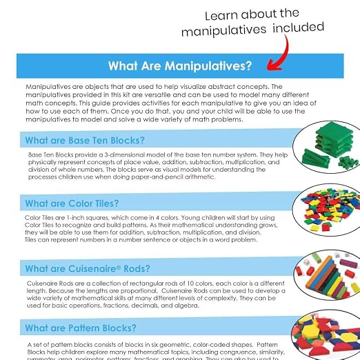 hand2mind-93538 Take Home Math Manipulatives Kit for Kids Grade K-2, with Snap Cubes, Base Ten Blocks, Cuisenaire Rods, Pattern Blocks, Color Tiles and Learning Clock, Homeschool Supplies (292 Pieces)