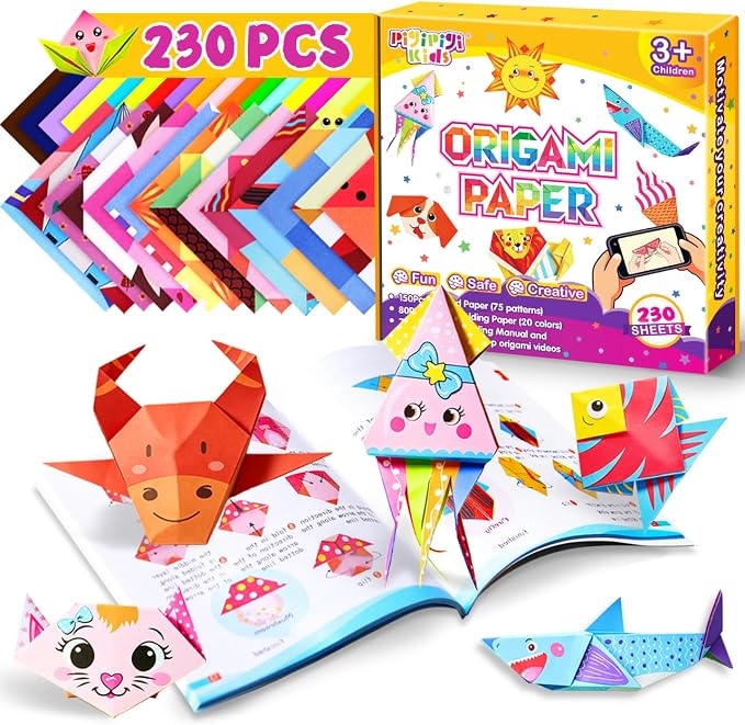 Pigipigi Kids 230 Pcs Origami Paper Kit,Arts and Crafts for Kids Ages 5-12 | Beginners Origami Kit with 75 Vivid Patterns,Video Tutorials & books, DIY Craft Birthday Gift for Boys Girls ages 5-12