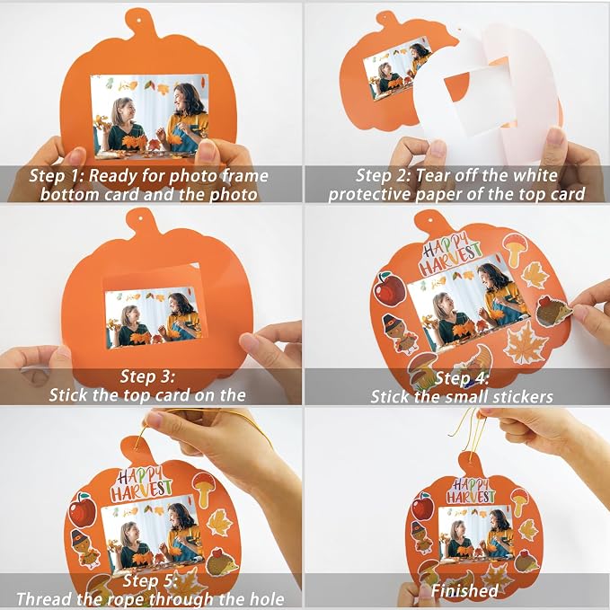 Kepeel 30 Packs Fall Picture Frame Craft Kit for Kids, Thanksgiving | Pumpkin-shaped fall picture frame crafts with autumn stickers for Thanksgiving classrooms, family activities and displays