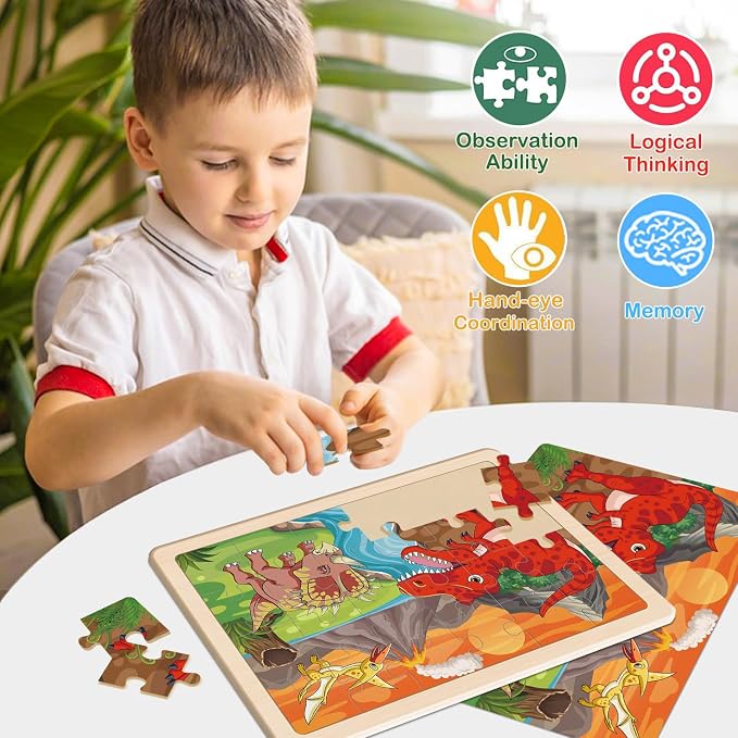 Puzzles for Kids Ages 4-6, 4 x 24 PCs Dinosaur Wooden Puzzles | Dinosaur Puzzles for Toddlers & Kids Ages 3-5, Preschool Educational Puzzles Toys, Birthday Gifts Set for Boys & Girls