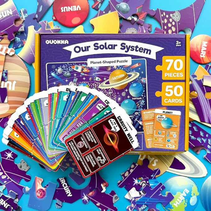 Puzzles for Kids Ages 4-6 - 70 Pcs Jigsaw Preschool Kids Puzzles Ages 5-8 | 70 Pcs Jigsaw Floor Solar System Puzzle - 50 Cards with 400+ Space Facts - Planet-Shaped Educational Gift for Girls and Boys