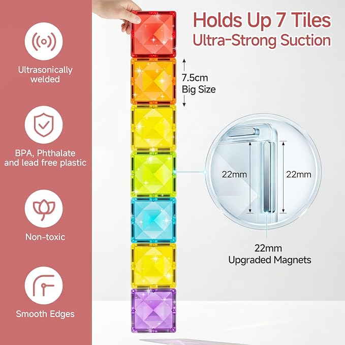 Large Diamond Magnetic Building Tiles: 48 PCS Deluxe 3D Play Blocks | 3x Sparkling Transparent Cut - 7.5cm Big Size STEM Sensory Toy with Tin Box Storage Organizer for Toddlers Age 3-6 Birthday