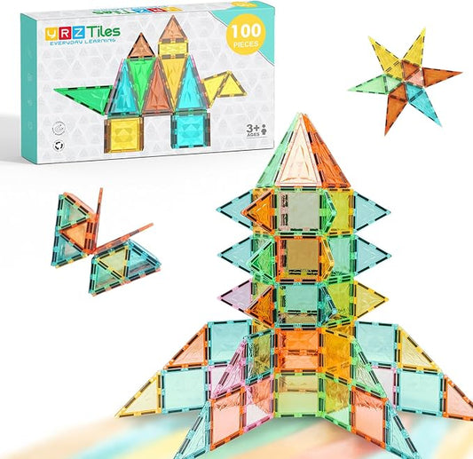 100-Piece Magnetic Tiles, STEM Building Blocks Construction Set | Encourages creativity, imaginative play, and early learning through hands-on exploration