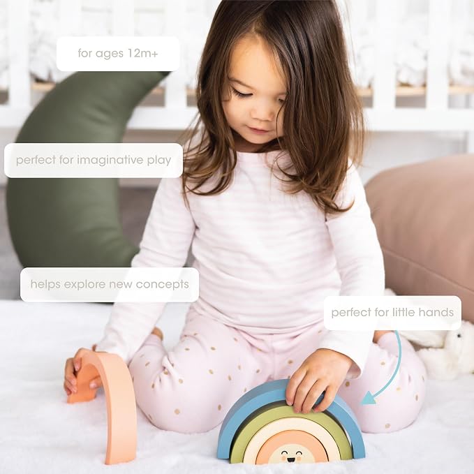 Pearhead Wooden Arch Rainbow Stacking Toy, Montessori Baby Stacker | Neutral Rainbow Arches, Sorting And Balancing Play, Fine Motor Practice, Nursery Decor, Baby Toddler Toys, Ages 12M+