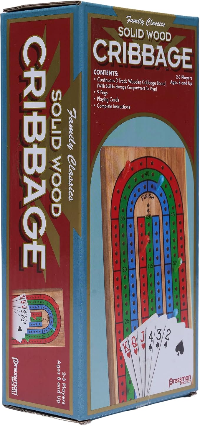 Family Classics Cribbage - Solid Wood Continuous 3 Track Board with Built-In Storage Compartment for Pegs