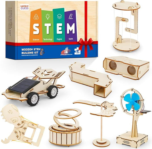 LUCKY GUESS 8 in 1 STEM Science Kit for Kids, Solar & Physics Experiments | Wooden STEM Kit for Kids, Building Kits, Solar Powered Car, No Batteries, No Tools, CPC & ASTM Certified, Ages 8-14, Gift Box
