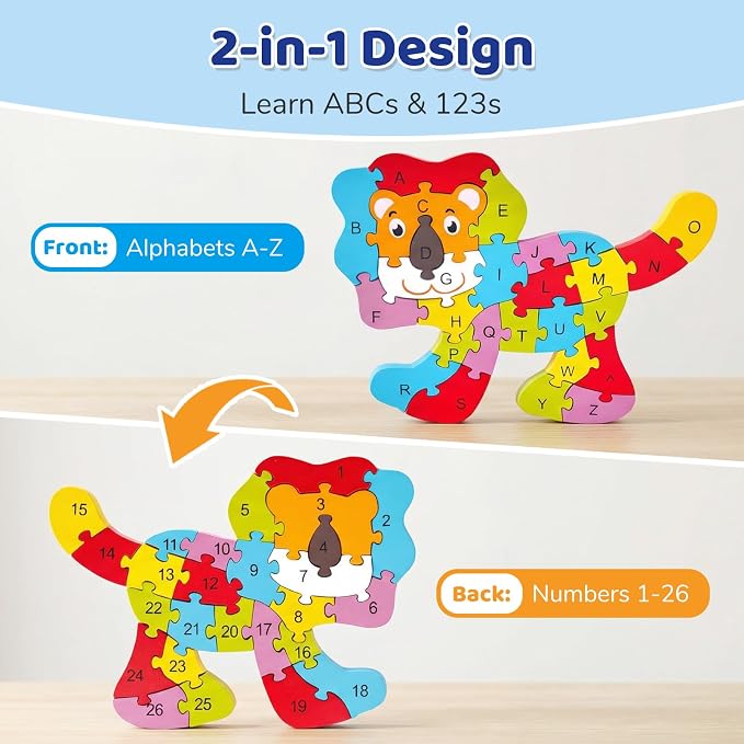 LovesTown Puzzle for Kids, Wooden, 3D Lion Shape | for Ages 3-5, Double-Sided, Alphabet Recognition, Number Counting, Fine Motor Skills, Montessori Learning Gifts