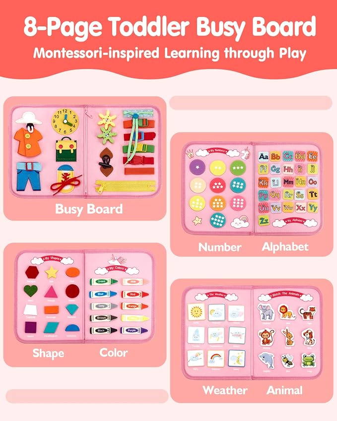hahaland Busy Board Montessori Toys Busy Book Toddler Girl Gifts Travel Toy | Toddlers Educational Learning Toys with Life Skills, Alphabet, Number, Shape, Color, Weather, Detachable Pages for Car Ride